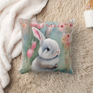 Cute Bunny Rabbit Pastel Watercolor Spring Flowers Throw Pillow