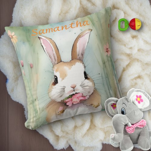 Cute Bunny Rabbit Pastel Watercolor Spring Flowers Throw Pillow