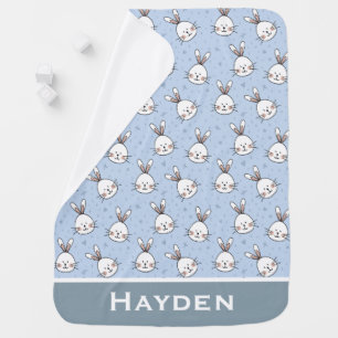 Cute Bunny Rabbit Pattern Blue Personalised Baby Blanket