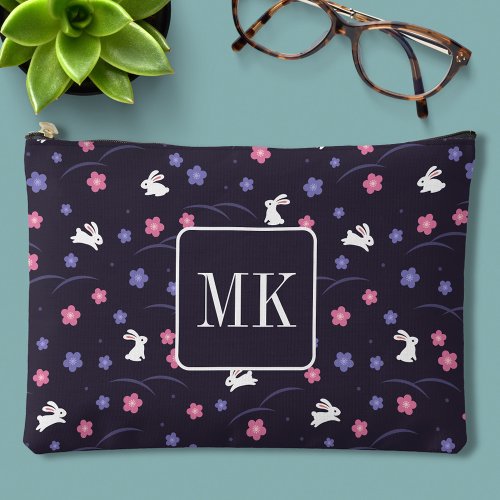 Cute Bunny Rabbit Pattern Monogram Initials Purple Accessory Pouch