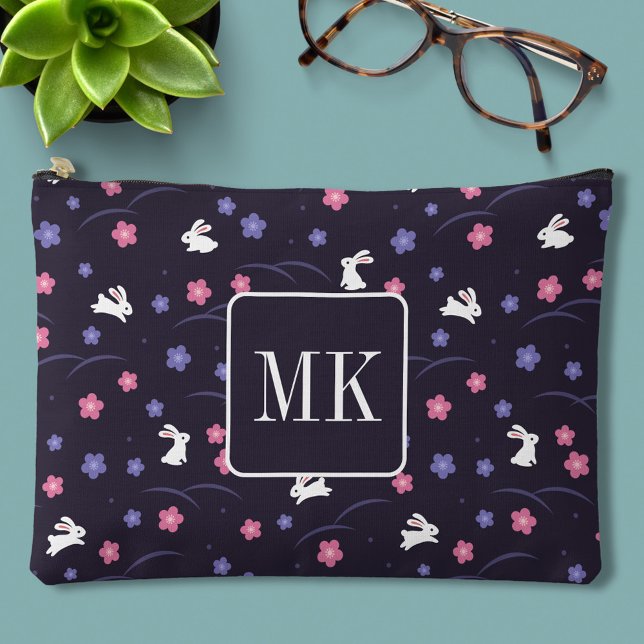 Cute Bunny Rabbit Pattern Monogram Initials Purple Accessory Pouch (Creator Uploaded)