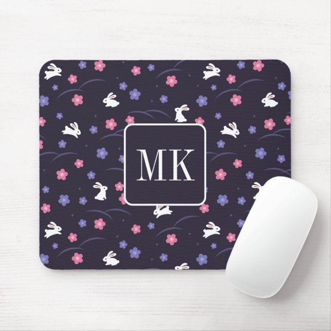 Cute Bunny Rabbit Pattern Monogram Initials Purple Mouse Pad (With Mouse)