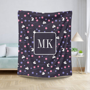Cute Bunny Rabbit Pattern Monogram Initials Purple Sherpa Blanket