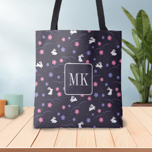 Cute Bunny Rabbit Pattern Monogram Initials Purple Tote Bag