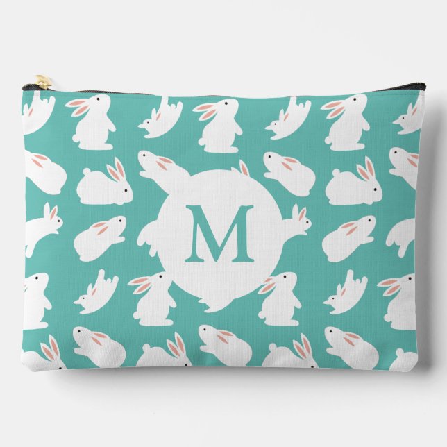 Cute Bunny Rabbit Pattern on Teal Monogram Accessory Pouch (Front)