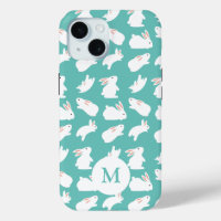 Cute Bunny Rabbit Pattern on Teal Monogram
