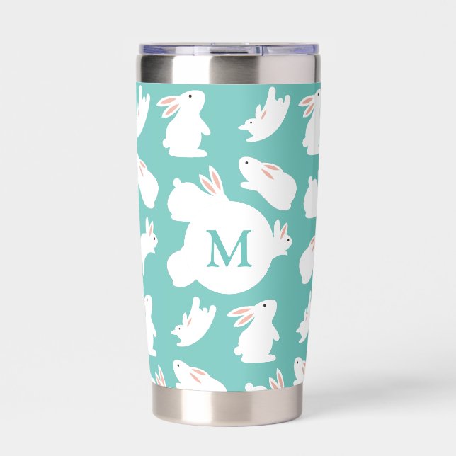 Cute Bunny Rabbit Pattern on Teal Monogram Insulated Tumbler (Front)