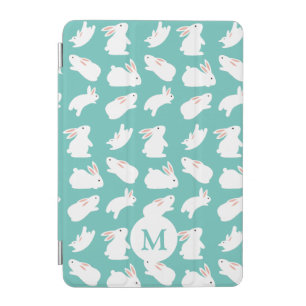 Cute Bunny Rabbit Pattern on Teal Monogram iPad Mini Cover