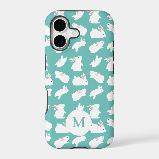 Cute Bunny Rabbit Pattern on Teal Monogram Iphone Case (Back)