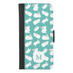 Cute Bunny Rabbit Pattern on Teal Monogram iPhone 8/7 Wallet Case