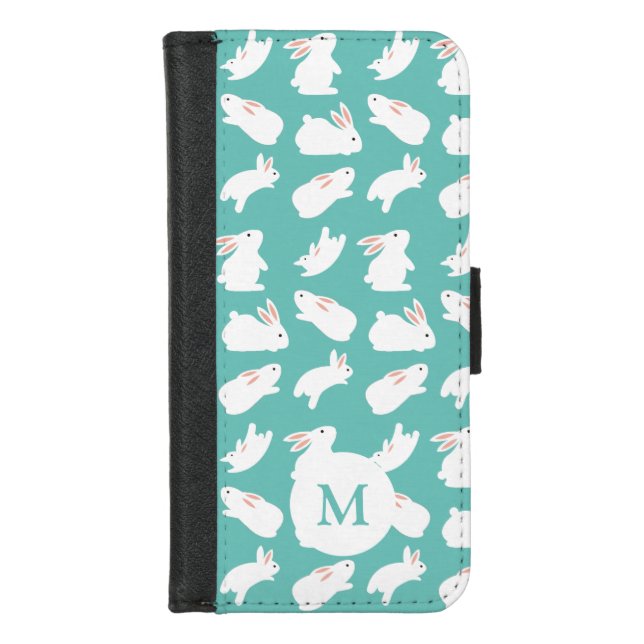Cute Bunny Rabbit Pattern on Teal Monogram iPhone Wallet Case (Front)