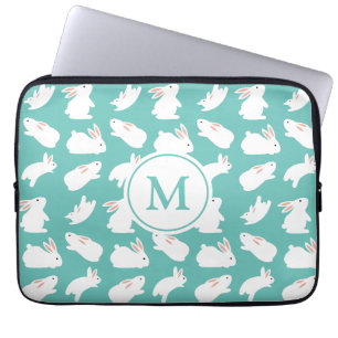 Cute Bunny Rabbit Pattern on Teal Monogram Laptop Sleeve