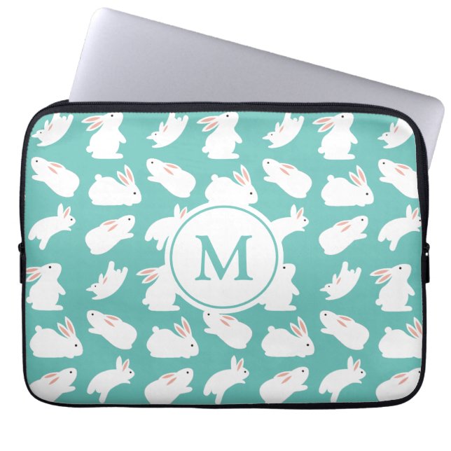 Cute Bunny Rabbit Pattern on Teal Monogram Laptop Sleeve (Front)