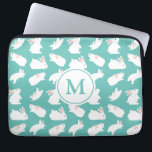 Cute Bunny Rabbit Pattern on Teal Monogram Laptop Sleeve<br><div class="desc">Adorable white bunny pattern on teal (you can customise background color)</div>