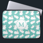 Cute Bunny Rabbit Pattern on Teal Monogram Laptop Sleeve<br><div class="desc">Adorable white bunny pattern on teal (you can customise background color)</div>