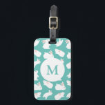 Cute Bunny Rabbit Pattern on Teal Monogram Luggage Tag<br><div class="desc">Adorable white bunny pattern on teal (you can customise background color)</div>