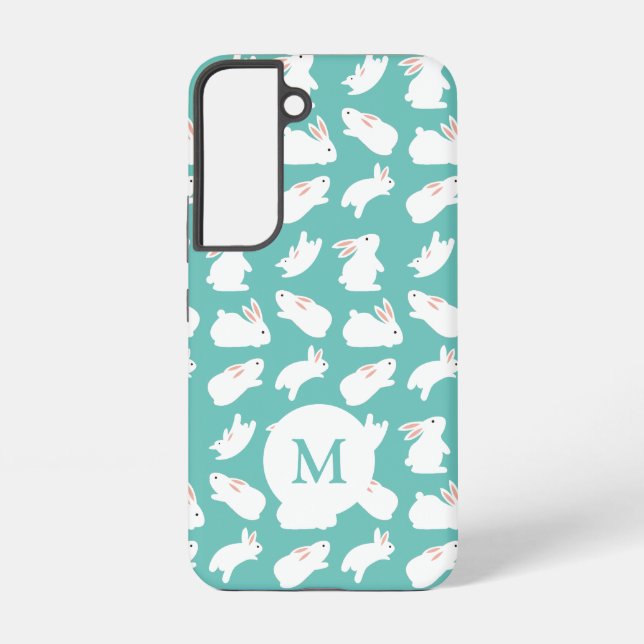 Cute Bunny Rabbit Pattern on Teal Monogram Samsung Galaxy Case (Back)