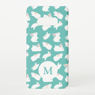 Cute Bunny Rabbit Pattern on Teal Monogram Samsung Galaxy S10E Case