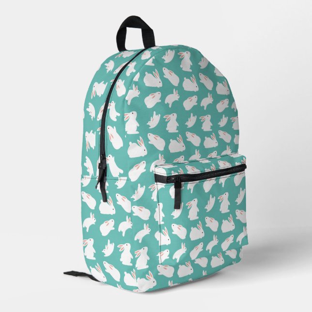 Cute Bunny Rabbit Pattern on Teal Printed Backpack (Back Corner Left)