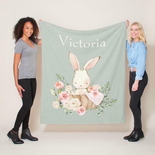 Cute Bunny Rabbit Personalized Modern Green Fleece Blanket