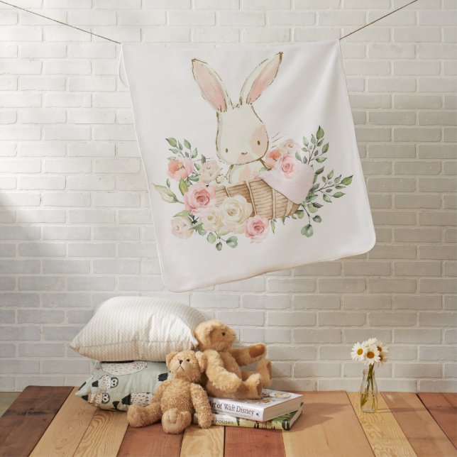 Cute Bunny Rabbit Personalized Modern White Baby Blanket (In Situ)
