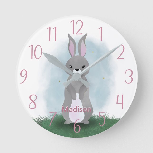 Cute  Bunny Rabbit Personalized Round Clock (Front)