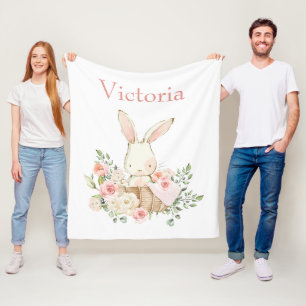 Cute Bunny Rabbit Personalized White Modern Fleece Blanket