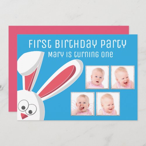 Cute Bunny Rabbit Photo Collage 1st Birthday Party Invitation