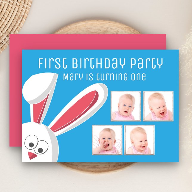 Cute Bunny Rabbit Photo Collage 1st Birthday Party Invitation (Creator Uploaded)