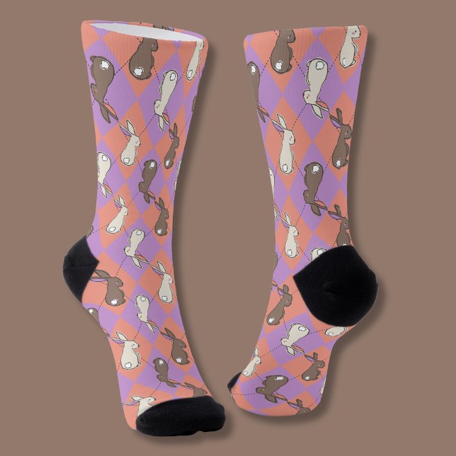 Cute Bunny Rabbit Pink and Purple Pastel Argyle  Socks (Cute bunny rabbit socks on pink and purple argyle background.)