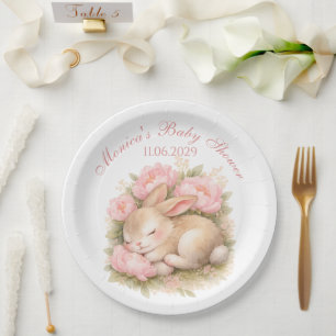 Cute Bunny Rabbit Pink Blush Peony Baby Shower Paper Plates