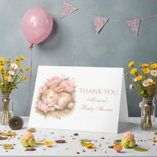 Cute Bunny Rabbit Pink Blush Peony Baby Shower Thank You Card (Creator Uploaded)