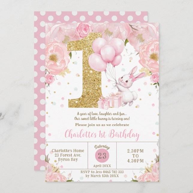 Cute Bunny Rabbit Pink Floral 1st Birthday One Invitation (Front/Back)