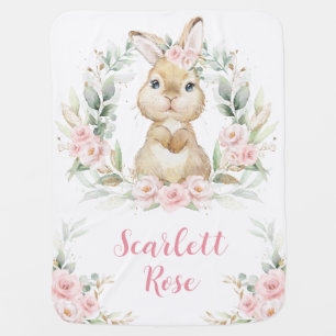 Cute Bunny Rabbit Pink Floral Baby Girl Nursery Baby Blanket