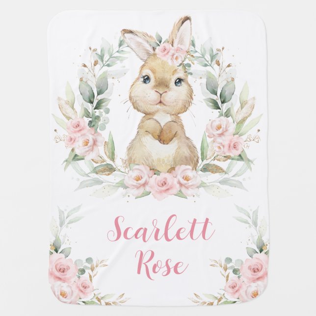 Cute Bunny Rabbit Pink Floral Baby Girl Nursery Blanket (Front)