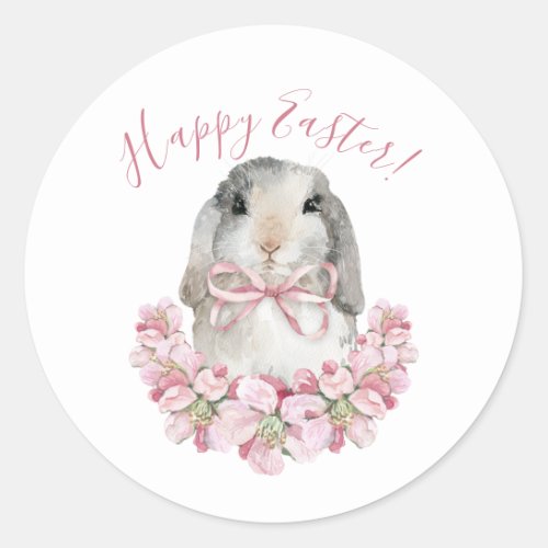 Cute Bunny Rabbit Pink Floral Happy Easter Script  Classic Round Sticker