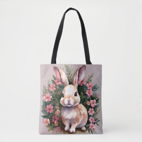 Cute Bunny Rabbit Pink Floral Tote Bag