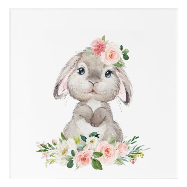 Cute Bunny, Rabbit, Pink Flowers, Girl Nursery Acrylic Print (Front)