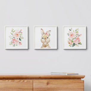 Cute Bunny, Rabbit, Pink Flowers, Girl Nursery Peel And Stick Photo Tile