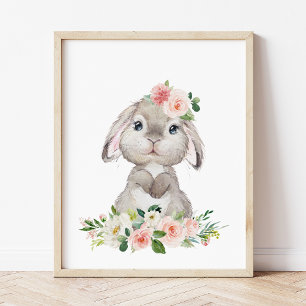 Cute Bunny, Rabbit, Pink Flowers, Girl Nursery Photo Print