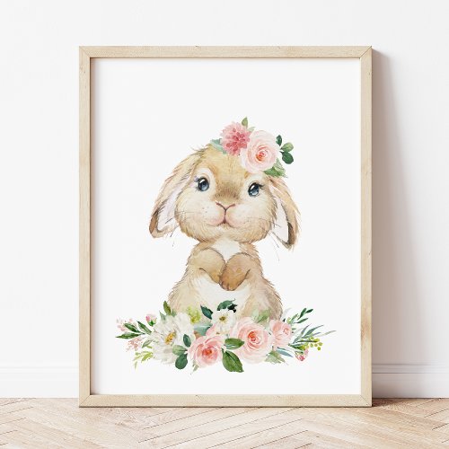 Cute Bunny Rabbit Pink Flowers Girl Nursery Poster