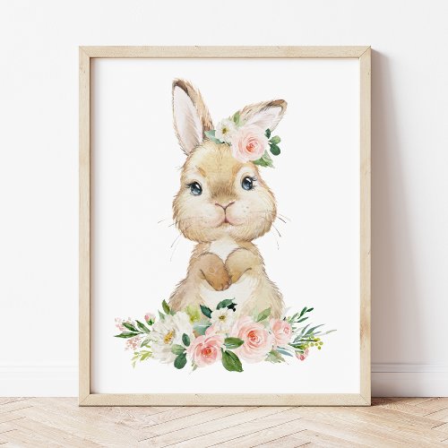 Cute Bunny Rabbit Pink Flowers Girl Nursery Poster