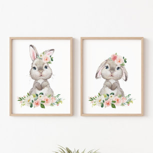 Cute Bunny, Rabbit, Pink Flowers, Girl Nursery Wall Art Sets
