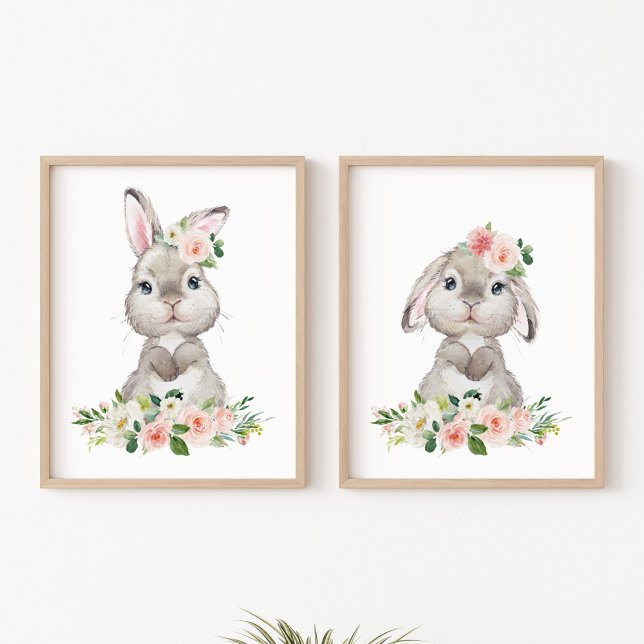Cute Bunny, Rabbit, Pink Flowers, Girl Nursery Wall Art Sets (Creator Uploaded)