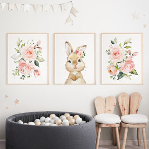 Cute Bunny, Rabbit, Pink Flowers, Girl Nursery Wall Art Sets