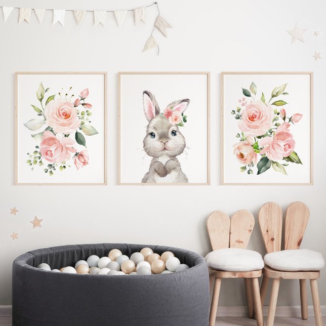 Cute Bunny, Rabbit, Pink Flowers, Girl Nursery Wall Art Sets (Creator Uploaded)