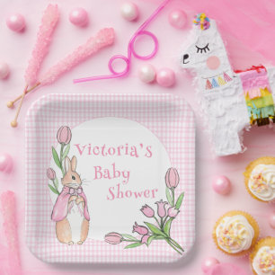 Cute Bunny Rabbit Pink Gingham Baby Shower Paper Plates