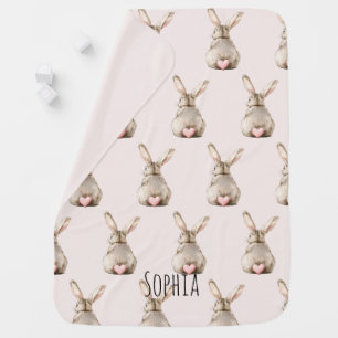 Cute Bunny Rabbit Pink Heart Tail Baby Shower Blanket