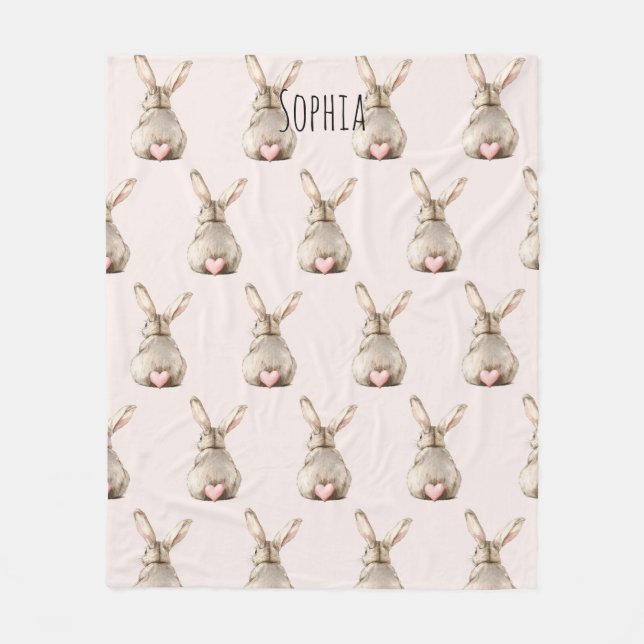 Cute Bunny Rabbit Pink Heart Tail Baby Shower Fleece Blanket (Front)