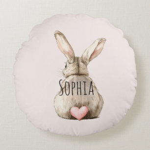 Cute Bunny Rabbit Pink Heart Tail Baby Shower Round Pillow